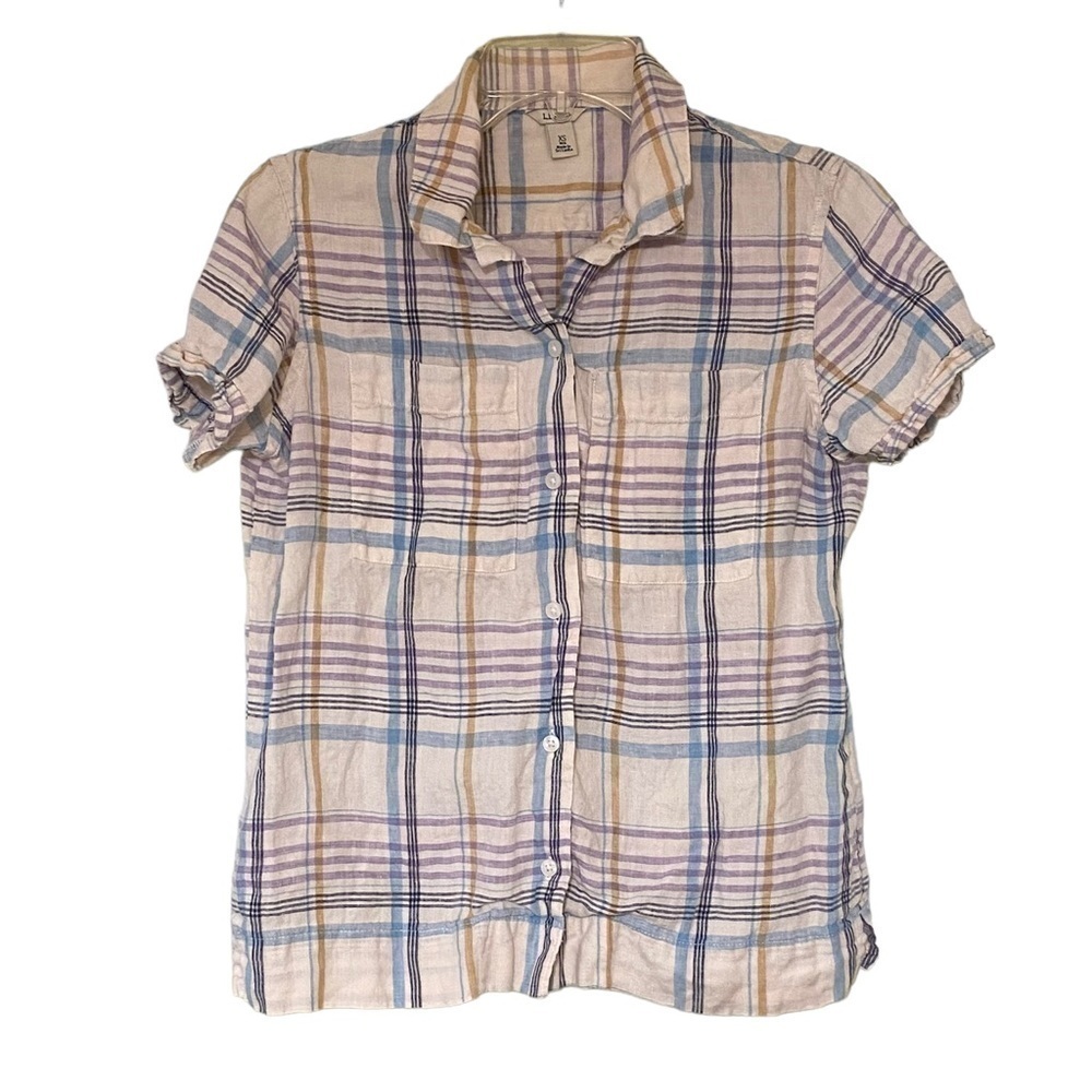 LL Bean Linen Plaid Button Down Shirt Sz XS